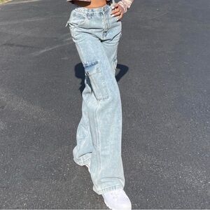 Playboy By PacSun Ultra High Waisted Flare Carpenter Pants - Medium Blue Wash 22